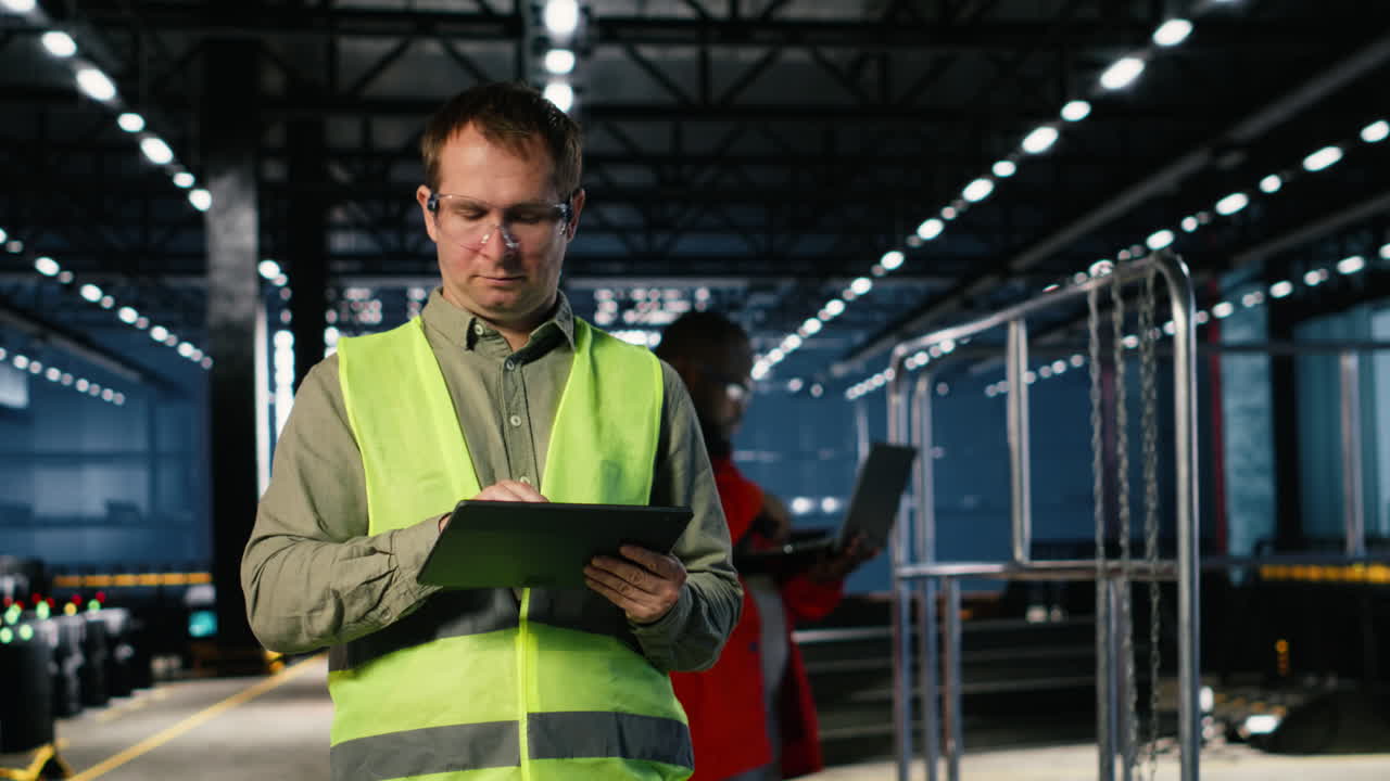 Technician in a warehouse inspects metal components with tablet