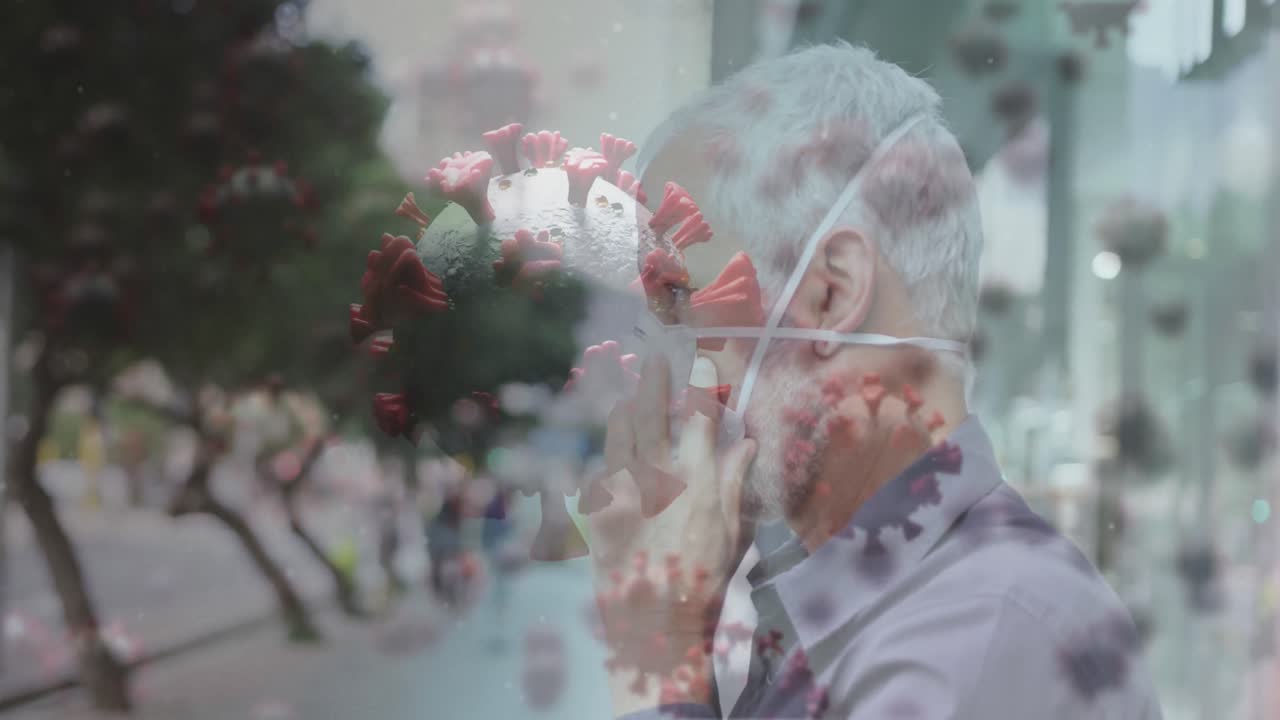 코로나19 세포의 애니메이션 시니어 남자가 마스크를 쓰고 있습니다.