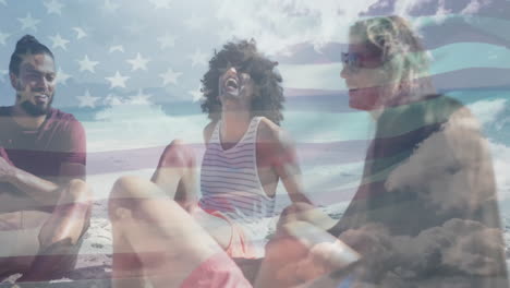 On beach, friends laughing with American flag animation overlay in cloudy sky