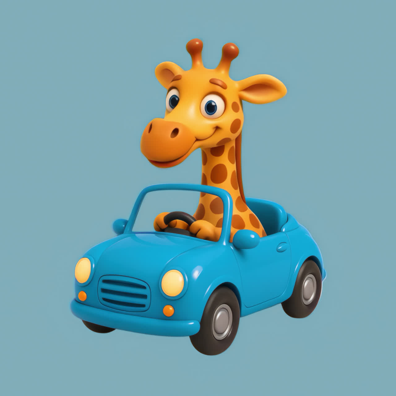 Animazione di una giraffa che guida un'auto giocattolo come risorsa isolata, video 4K trasparente, canale alfa, ProRes 4444