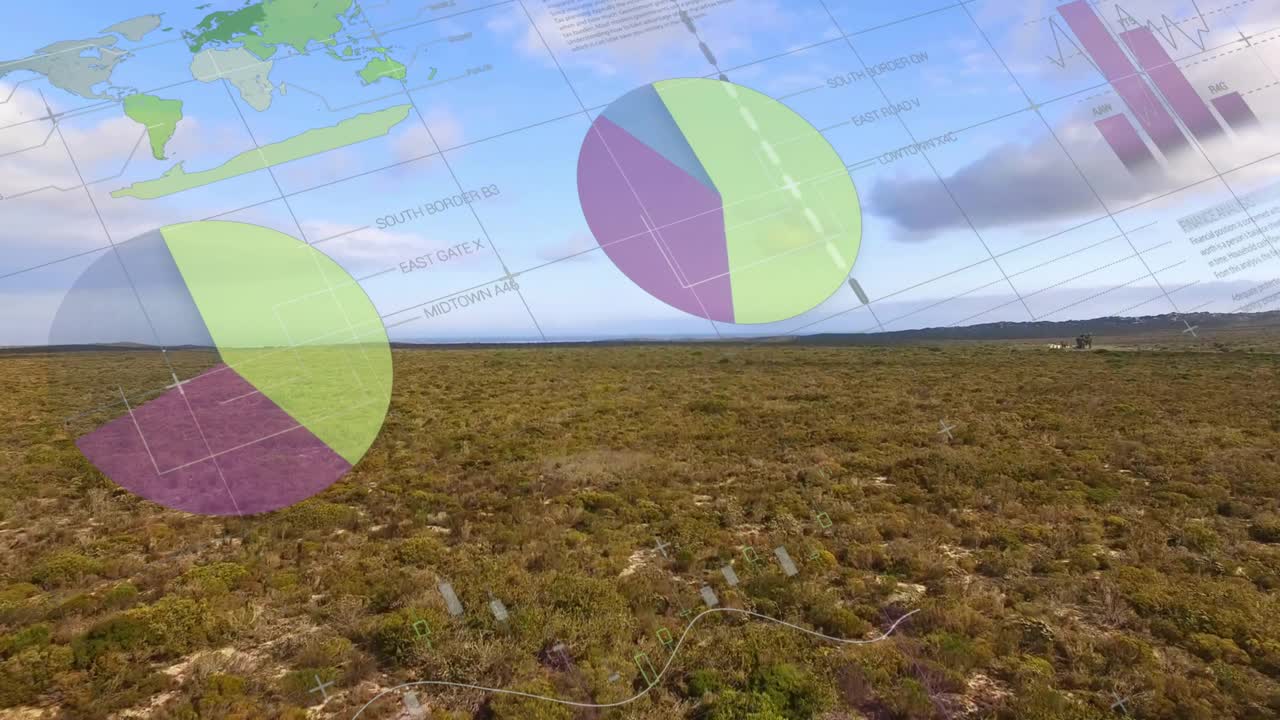 Telecamera drone che panoramica su una boscaglia mentre una tabella sfuma e sovrapposizioni scorrono, visualizzando le tendenze dei dati