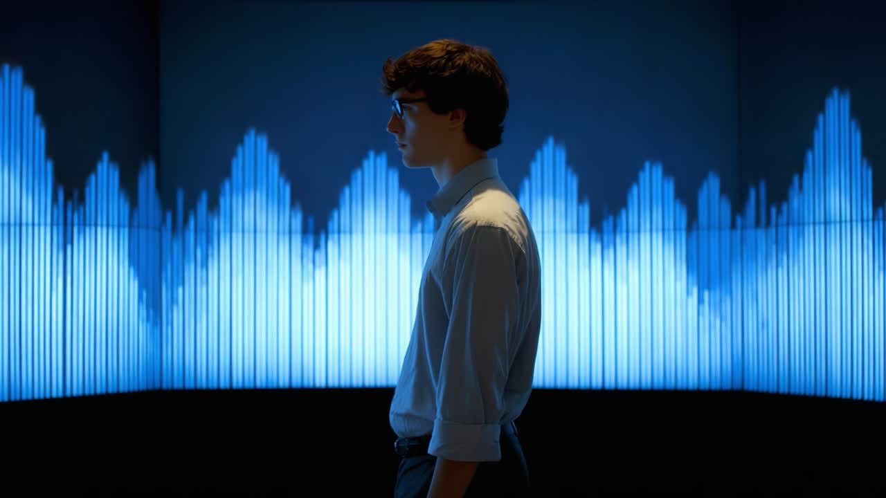 A Deep Dive into Visual Soundscapes: A Profile of a Young Man Against Dynamic Blue Waveforms Representing Sound Frequencies and Emotions