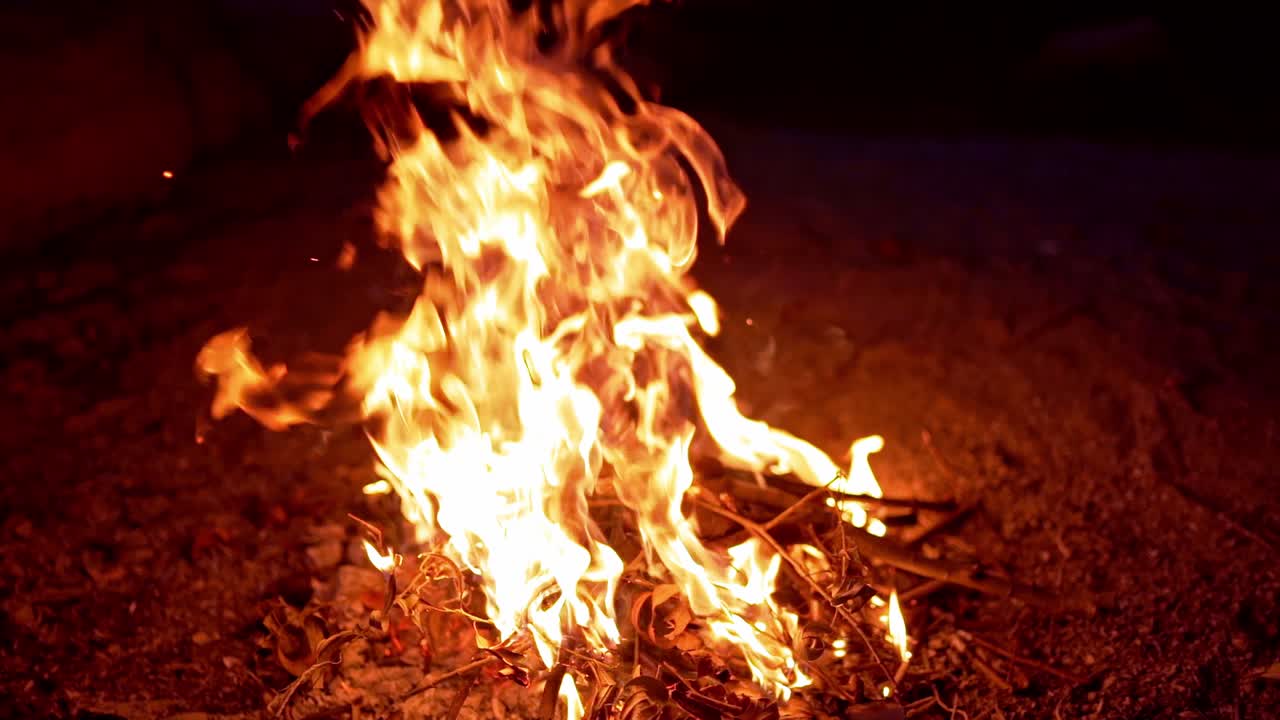 Bright flame from burning logs at night. Orange campfire on the ground against dark background outdoors.