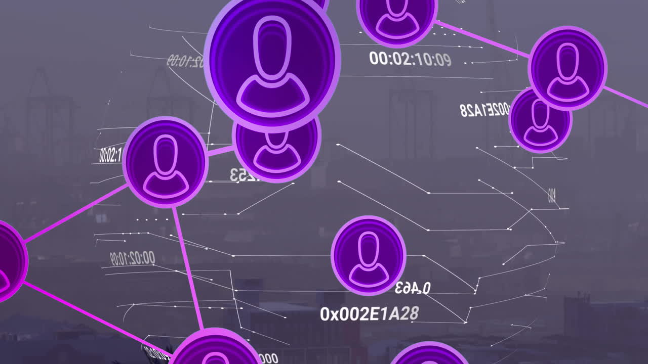 animación de iconos conectados sobre números cambiantes alrededor del patrón de la placa de circuitos sobre fondo gris