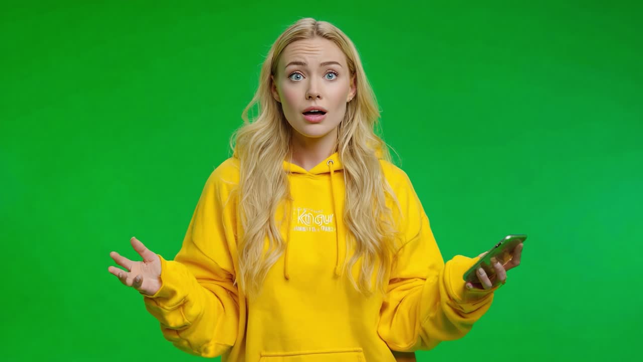 An Engaging Young Woman Displays a Range of Emotions While Holding a Smartphone in Front of a Lively Green Background, Captivating Her Audience's Attention
