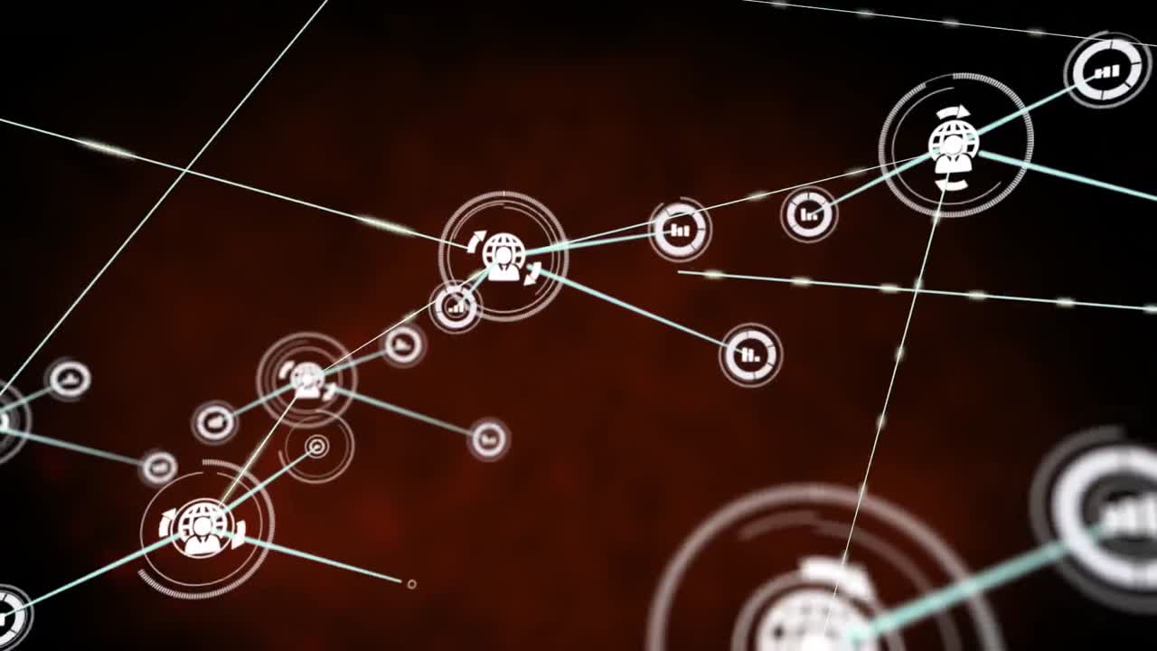 animación de la red de conexiones con iconos en fondo negro