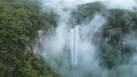 mist covered mountain reveals a majestic tropical waterfall cascading down a cliff face