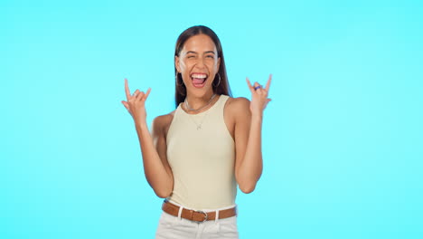 Rock-music,-woman-with-hand-emoji-gesture