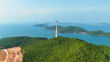 world's longest three-rope cable car stretching over lush green islands in phu quoc, vietnam. towering pylons rise above the scenic coastline and turquoise waters.