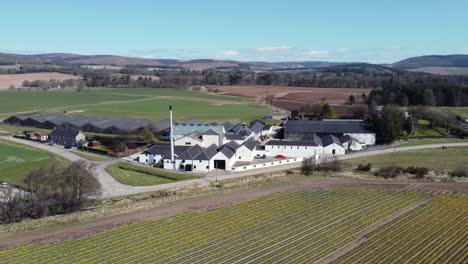 aerial view of fettercairn whisky distillery on a sunny spring day, aberdeenshire, scotland