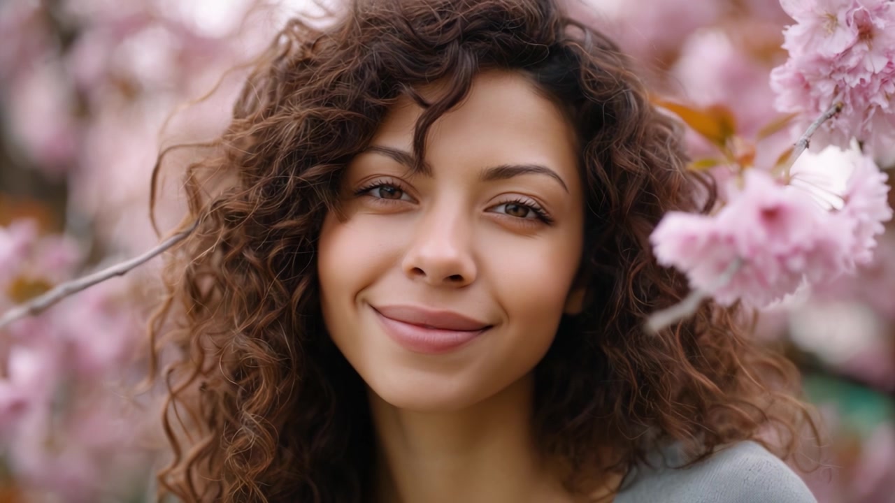 Una giovane donna che sorride splendidamente tra i ciliegi in fiore, catturando l'essenza della primavera con espressioni gioiose e uno sfondo floreale vibrante.