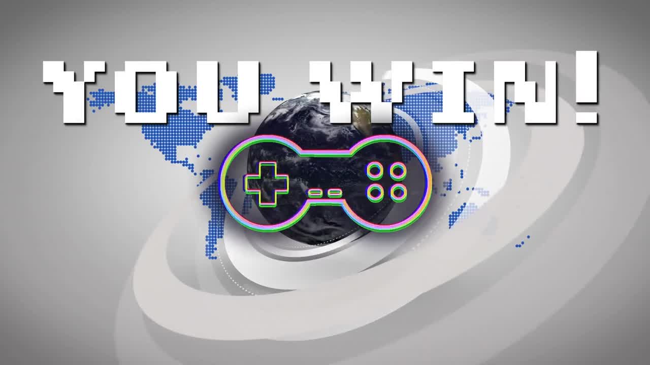 animación de usted ganar texto y icono del gamepad sobre el globo y el mapa del mundo en fondo azul