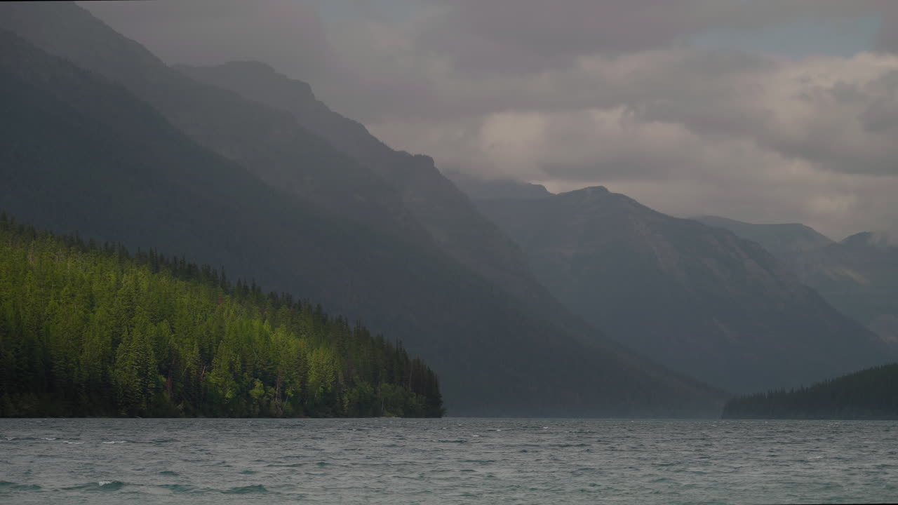 Peaceful Montana lake with mountains under cloudy skies, serene mood