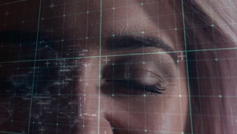 animation of data processing over caucasian woman's face and grid