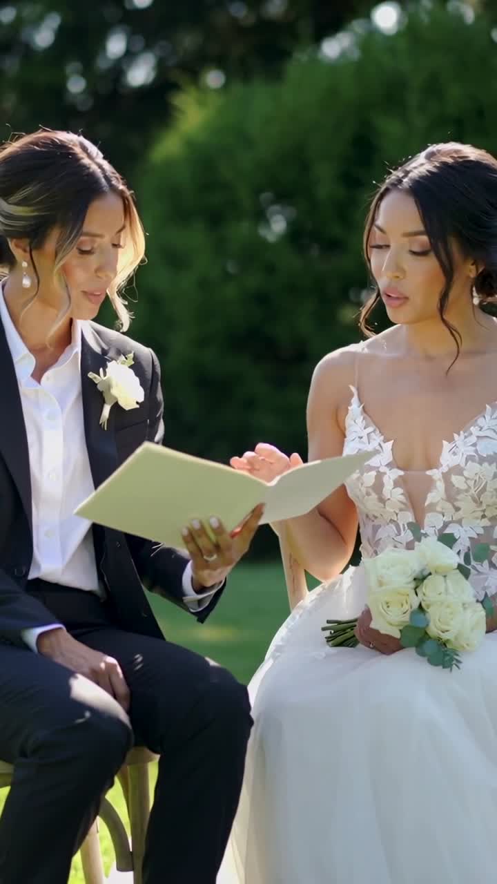 Video verticale: Apertura di una cartella color crema, donna in tailleur che legge i voti in giardino, sposa con bouquet