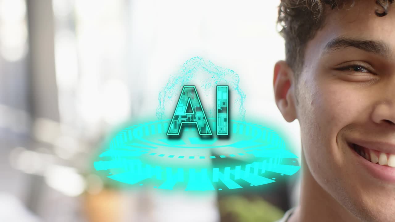 Man watching in bright room, AI emblem growing, streaming particles toward temple, showing tech use