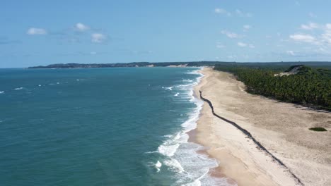 Trucking-left-aerial-drone-landscape-shot-of-the-tropical-coastline-of-Rio-Grande-do-Norte,-Brazil-with-a-untouched-beach,-blue-ocean-water,-and-palm-trees-in-between-Baia-Formosa-and-Barra-de-Cunha?