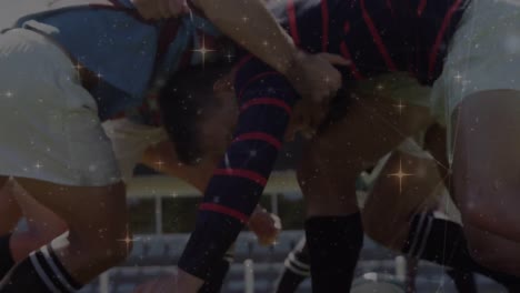 animation of network of connections with stars over diverse rugby players at stadium