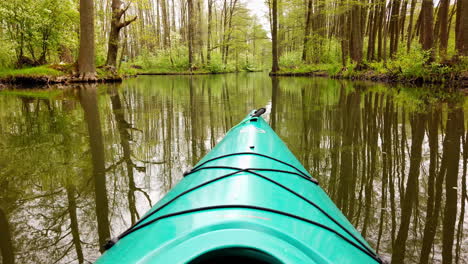 personal view of green kayak on river in beautiful nature of spreewald