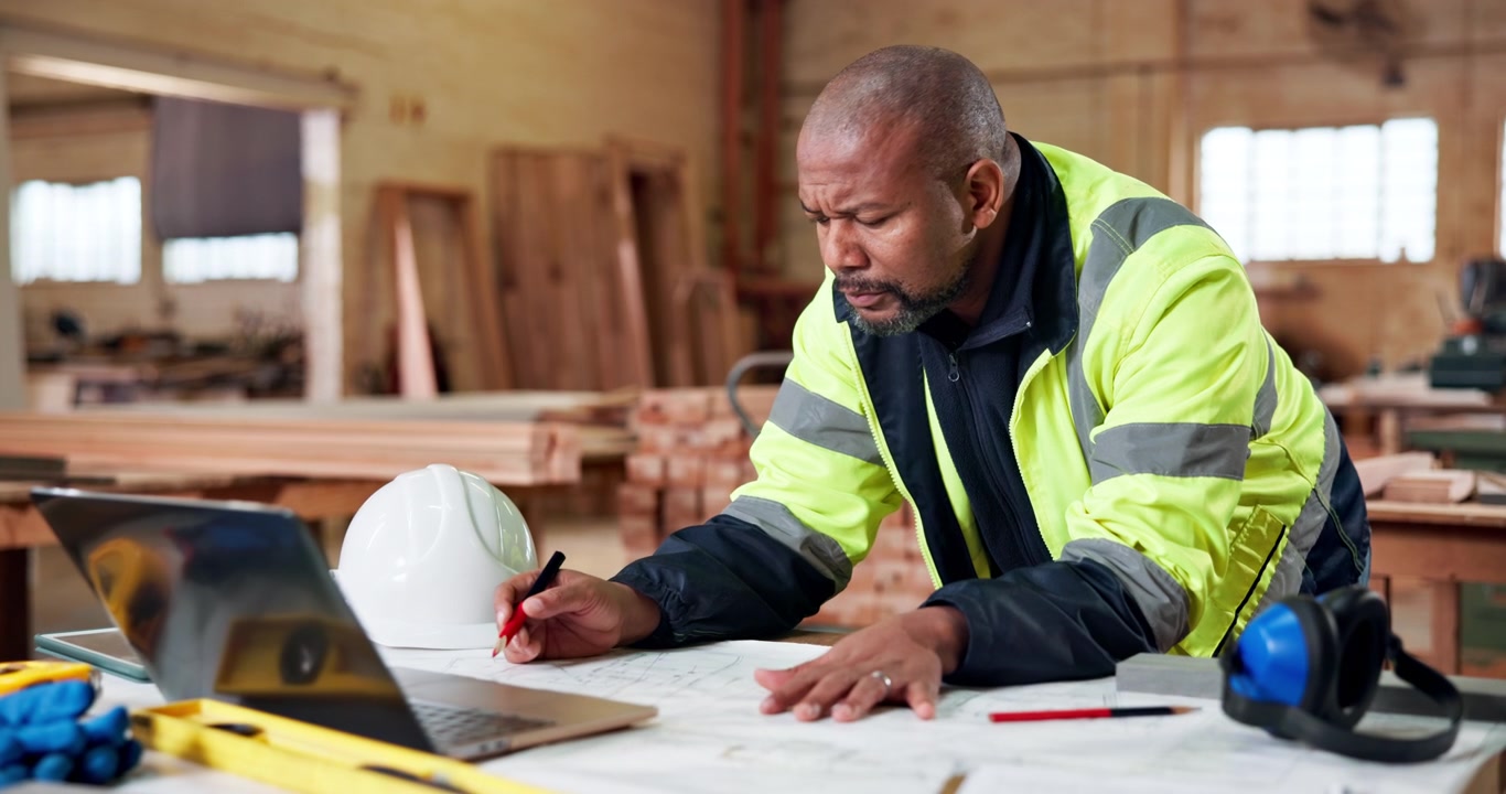 Construction Manager Reviewing Blueprints on Laptop in Workshop