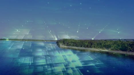 forested peninsula extending into blue lake, displaying floating hud squares and binary digits