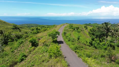 winding road through lush green hills overlooking the ocean on a sunny day