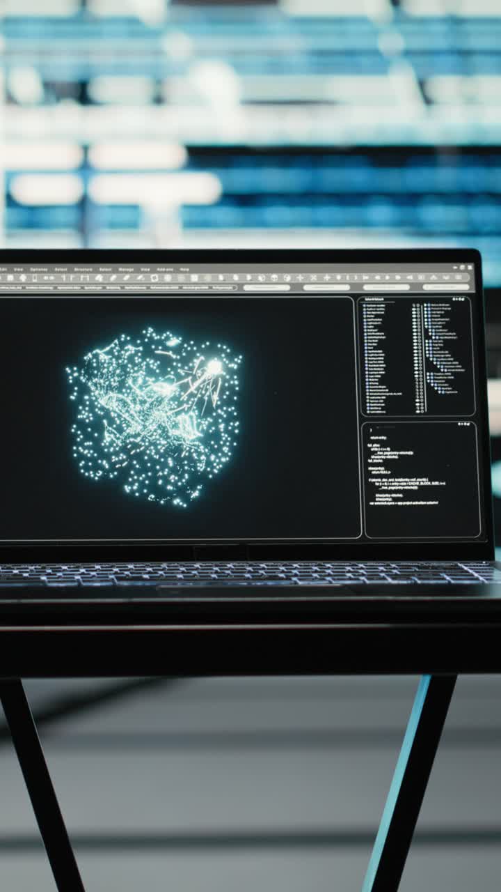 Vertical video Data center AI technology on laptop oversees blue wireframe mesh equipment rigs