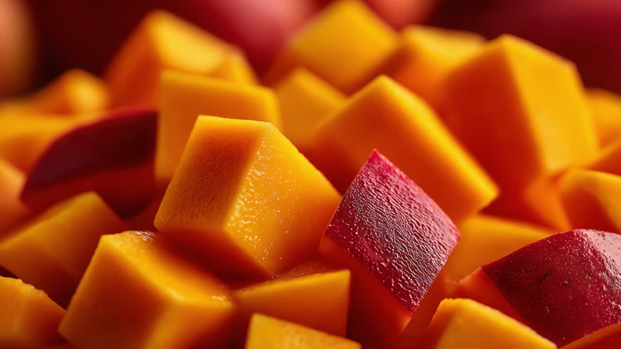Un vivace assortimento di cubetti di mango e mela appena tagliati, che mostrano i loro ricchi colori arancione e rosso, perfetto per uno spuntino sano o un dessert.