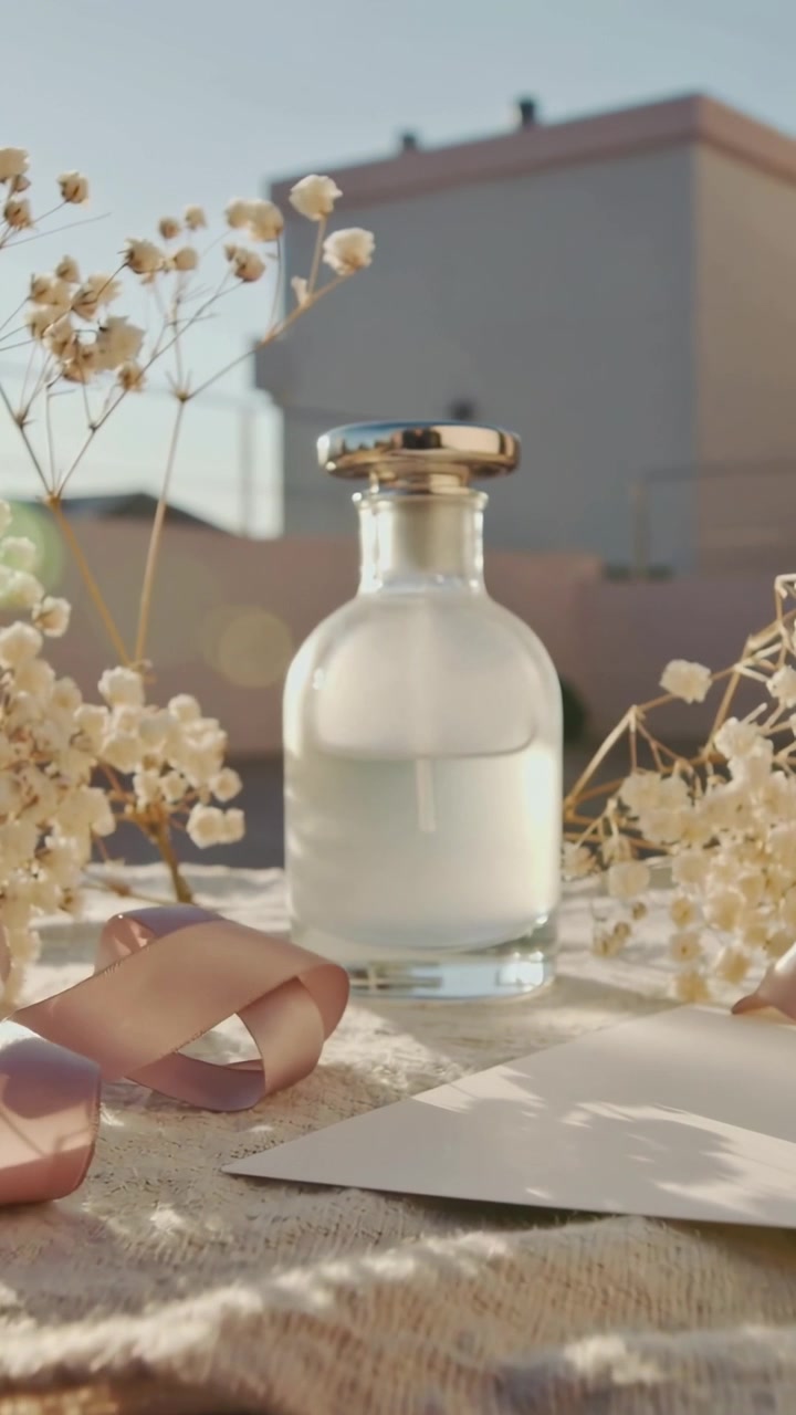 Vidéo verticale: Caméra panoramique présentant une bouteille givrée avec un bouchon doré sur un toit, avec des fleurs