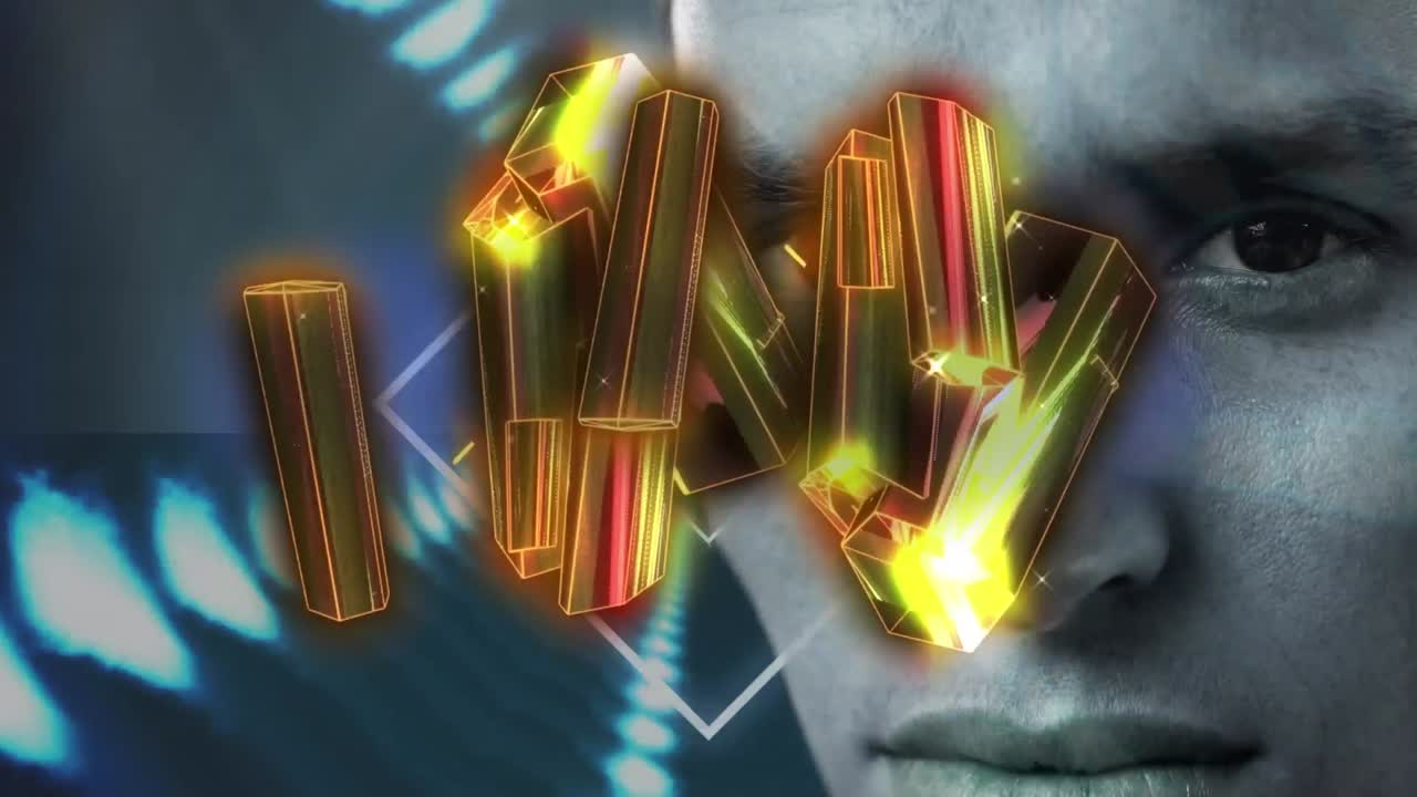 단색 남성 얼굴과 반 ⁇ 이는 금속의 애니메이션 반 ⁇ 이는 불빛 위에  ⁇  사각형 터널