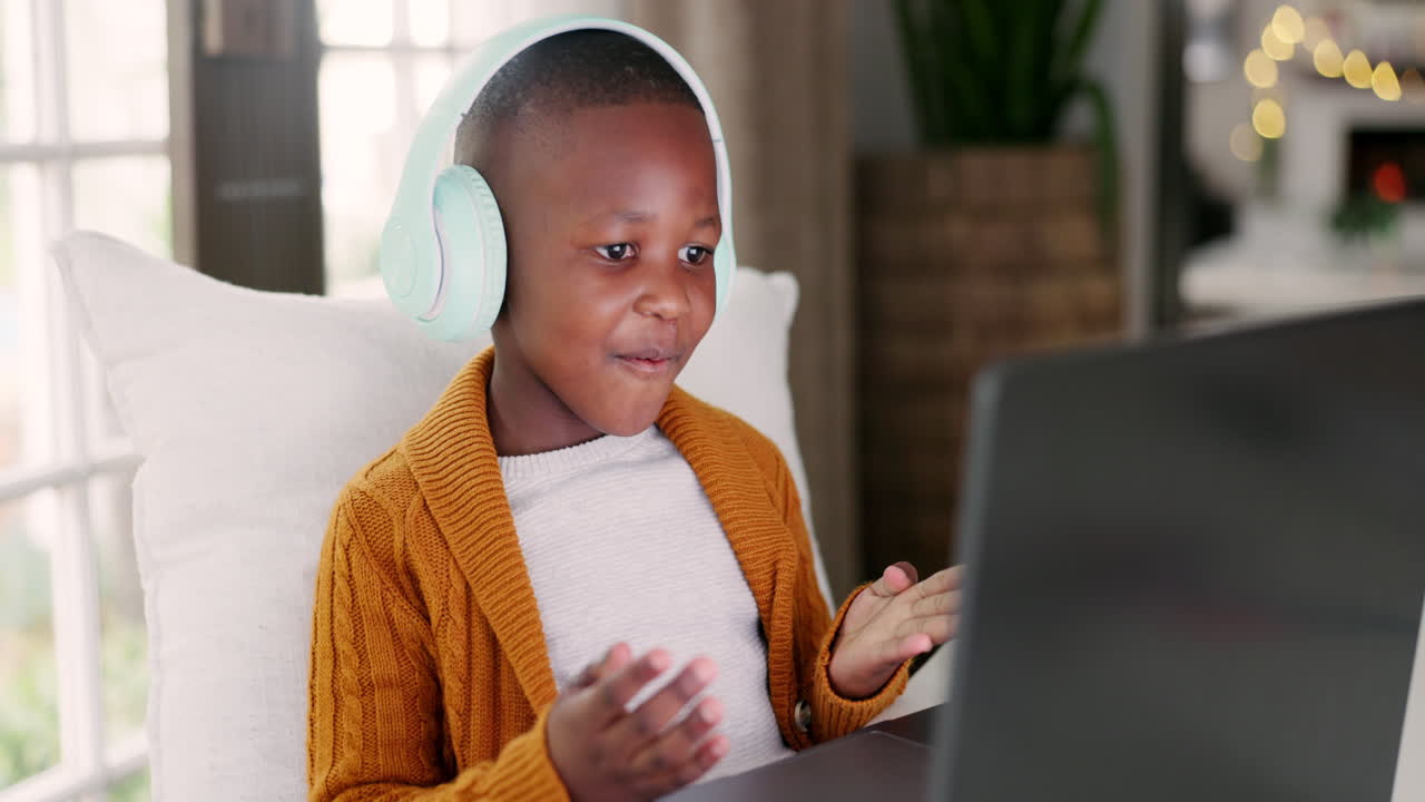 Headphones, laptop and kid student on a video call