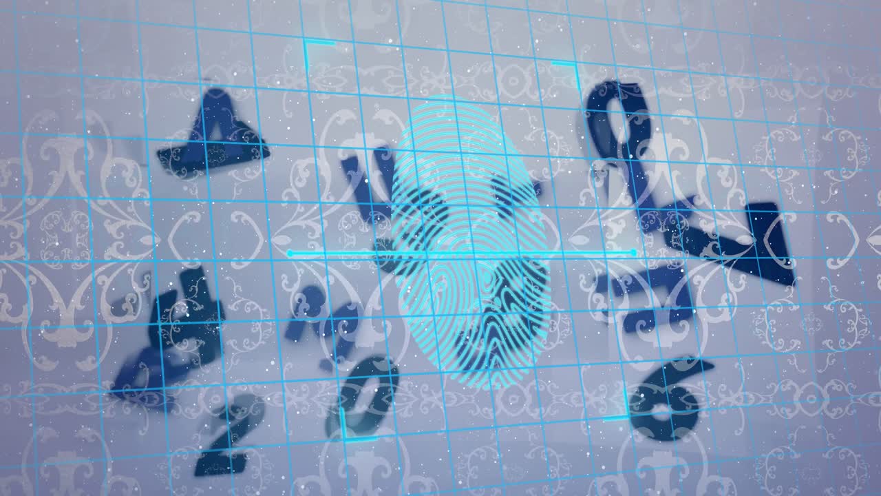 animación de escaneo de huellas dactilares, candado en escudo sobre múltiples números contra un patrón abstracto.