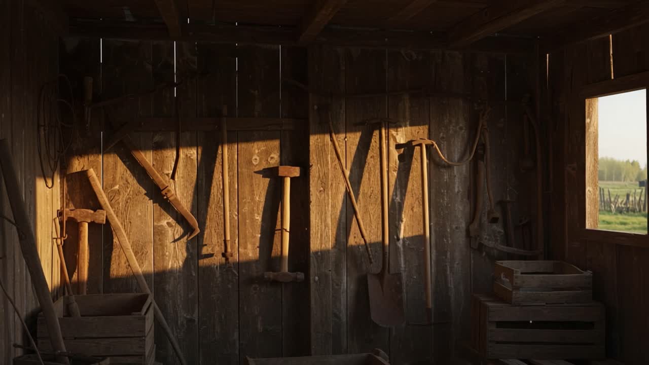 Rustic Workshop Interior Filled with Vintage Farming Tools Bathed in Warm Evening Light Showcasing a Nostalgic Agricultural Heritage Atmosphere