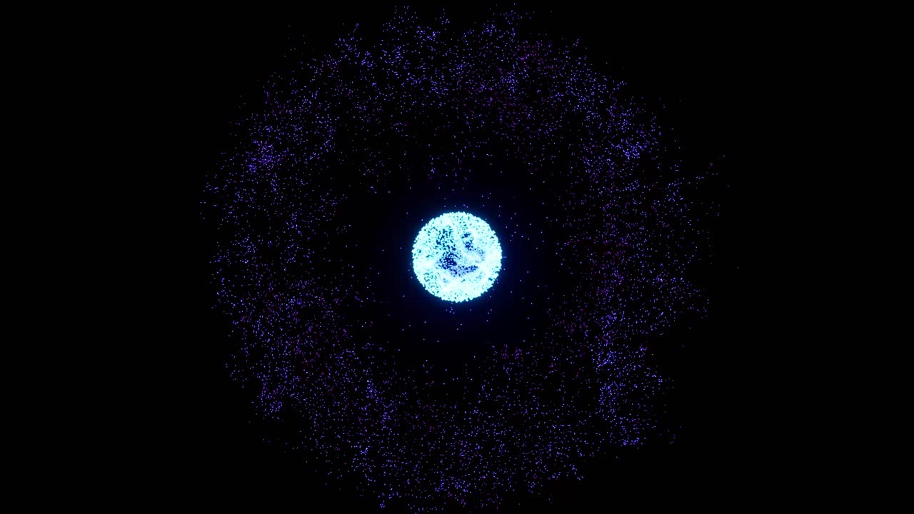 efectos visuales, vfx, partículas de onda de choque azules en fondo negro animación en 3d