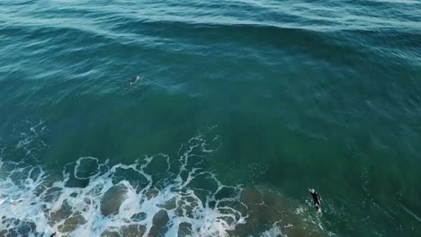 antena de drones de surfistas en la playa en el océano azul durante la puesta de sol nadando y tratando de atrapar olas
