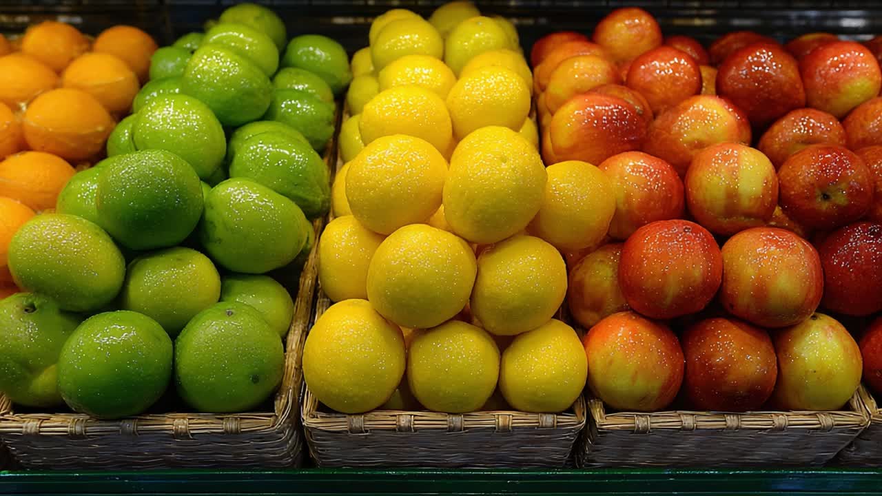 Un vivace assortimento di frutta fresca: rigogliosi lime verdi, limoni giallo brillante, arance succose e mele rosse disposti in modo estetico in cesti al mercato
