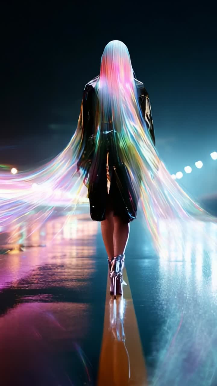 A captivating figure walks confidently down a neon-lit street, with long hair flowing and vibrant colors illuminating the scene, creating an enchanting urban atmosphere