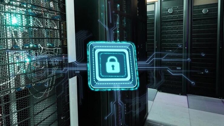 Animation of padlock with connections over server room
