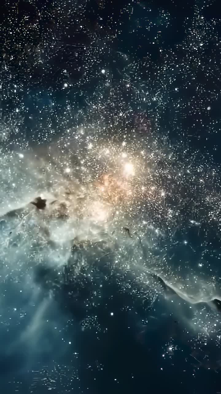 Vertical video: Shifting camera revealing star cluster and nebula in space, showcasing dust and gas