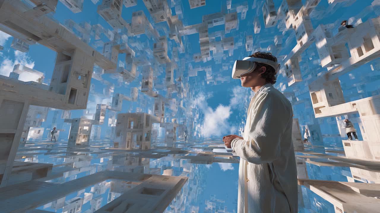 In a mesmerizing virtual reality landscape, a person wearing an advanced VR headset explores a surreal environment filled with floating geometric shapes and crystalline structures, embodying the future of immersive technology