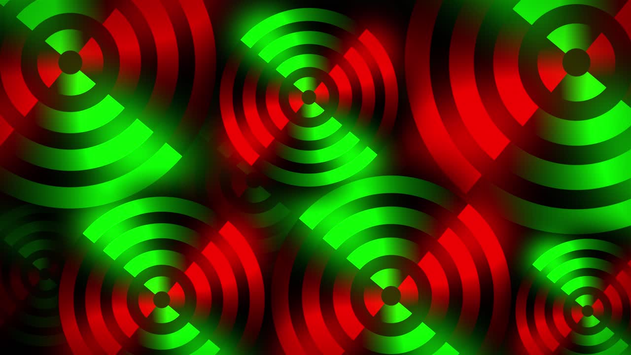 Rotating neon circles form vibrant line work as a target of glowing shapes in dynamic 3D animation illusion pattern on a dark gradient background motion graphics and visual effects colour red green