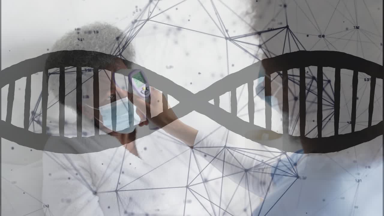 Enfermeira medindo a temperatura do paciente na clínica com termômetro IR mostrando sobreposição de hélice de DNA e nós