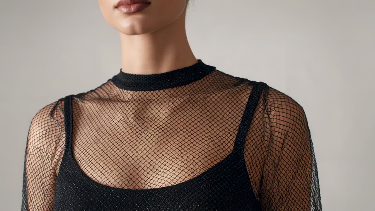 Lifting camera revealing mannequin in studio, showing black camisole and mesh-top for product shot