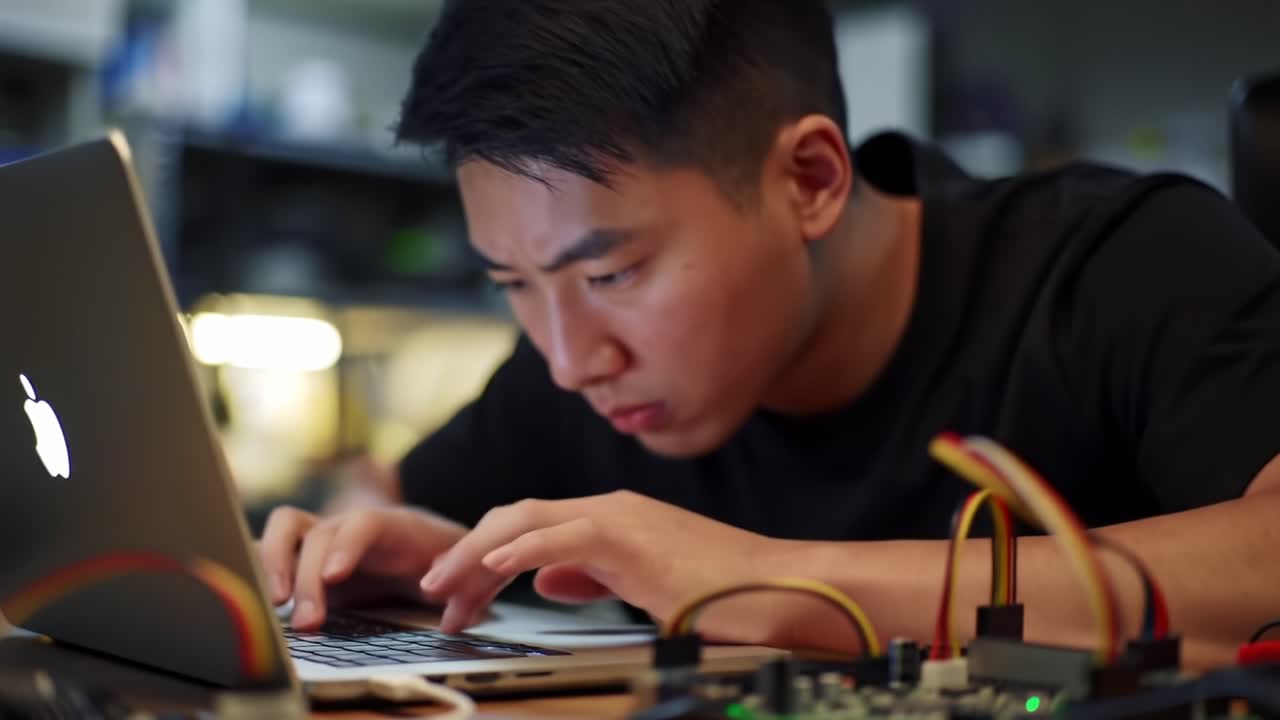 Focused Individual Engaging in Complex Digital Tasks Using a Laptop, Surrounded by Technical Equipment and an Organized Workspace, Highlighting the Essence of Modern Technology and Innovation