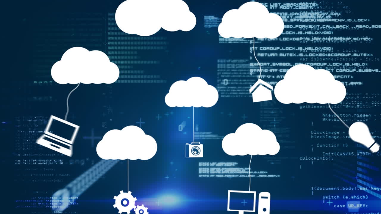 animación de iconos de nubes y procesamiento de datos sobre un fondo oscuro