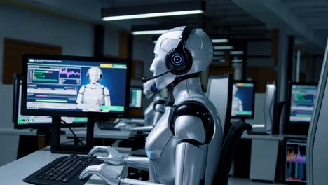 high tech robotic operator wearing headset working efficiently at computer, handling customer service tasks in sleek modern office environment with advanced digital technology support system