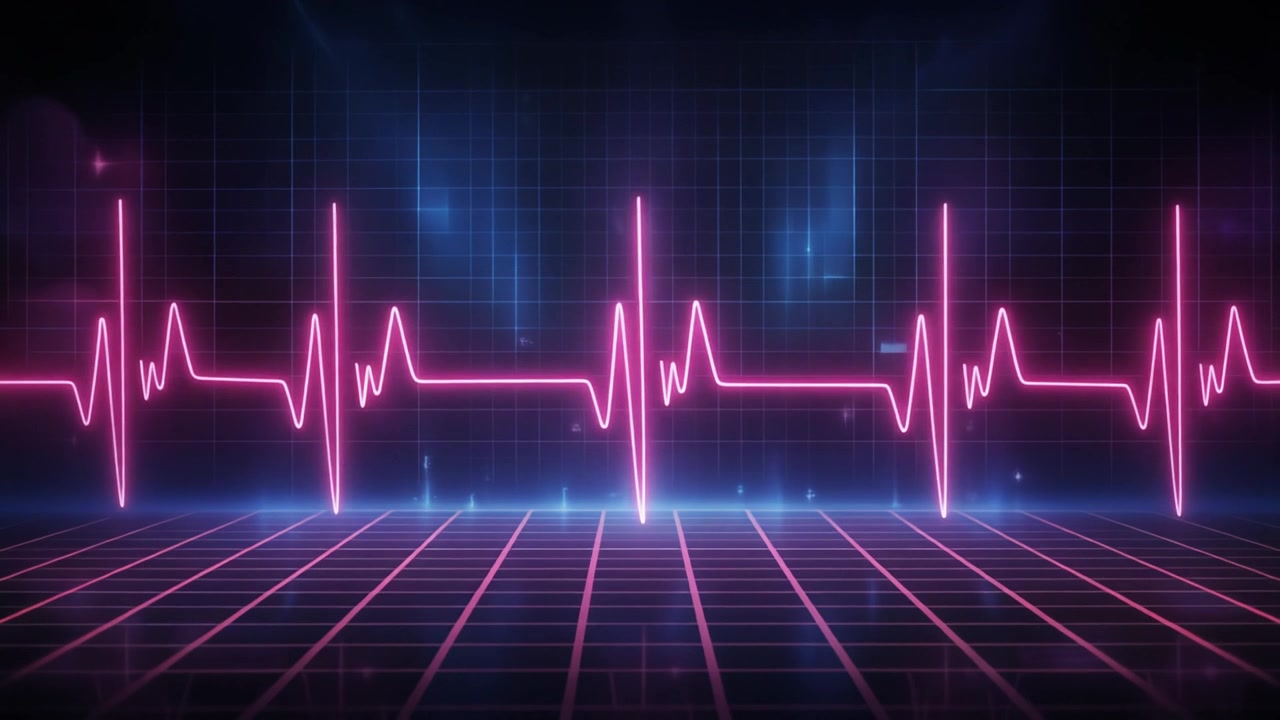 Neon hjerterytme EKG-linjeanimasjon på digital rutenettbakgrunn