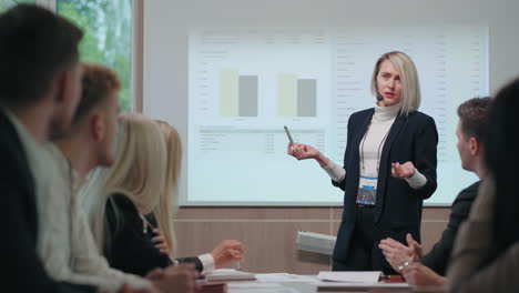 woman is speaking in conference or business meeting female financial expert is educating specialists