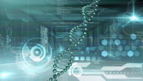 Estructura-De-ADN-Girando-Y-Escáner-Redondo-Contra-Pantallas-De-Procesamiento-De-Datos-Médicos.