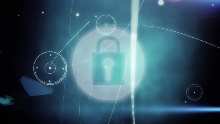 Digital animation of network of connections over security padlock icon on blue background